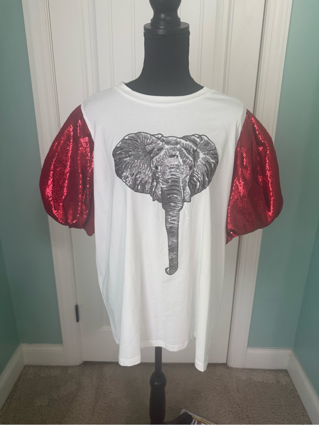 Queen Of Sparkles White Alabama Sequin Elephant Tee With Red Sequin Puff Sleeves
